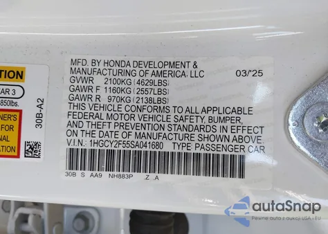 2025 Honda Accord Hybrid Sport из США, поврежденный, VIN 1HGCY2F55SA041680